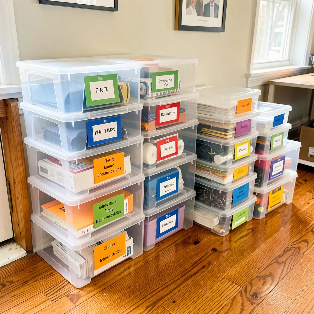 Professional organizer arranging storage boxes in a well-organized room