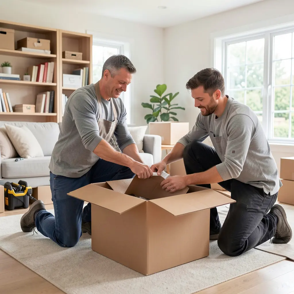Professional team carefully unpacking boxes in a new home